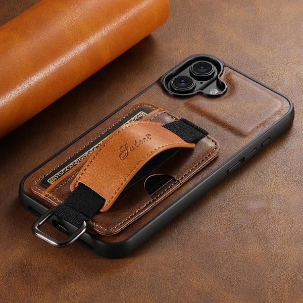 iPhone 17 Skal med Kortplånbok och Handledsrem - PU Brun