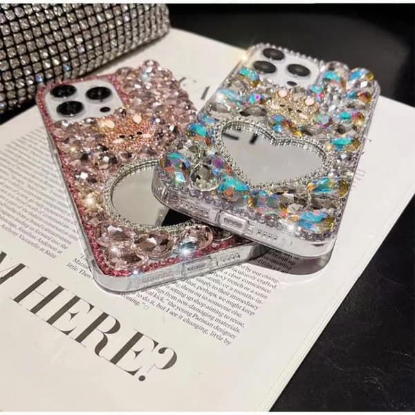 iPhone 16 Pro Diamond Mirror Kanin Handgjord PC Skal Rosa rund spegel