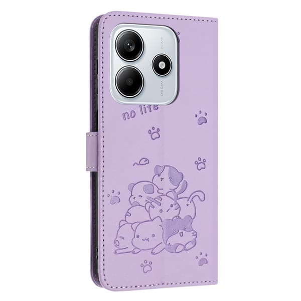 Redmi Note 14 5G - Prägad Katt Mobilskalsläder med Lanyard Purpur