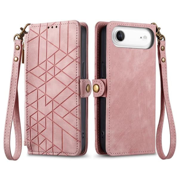 iPhone 17 Air Skal läderfodral med geometrisk dragkedja och sidobuckle Rosa