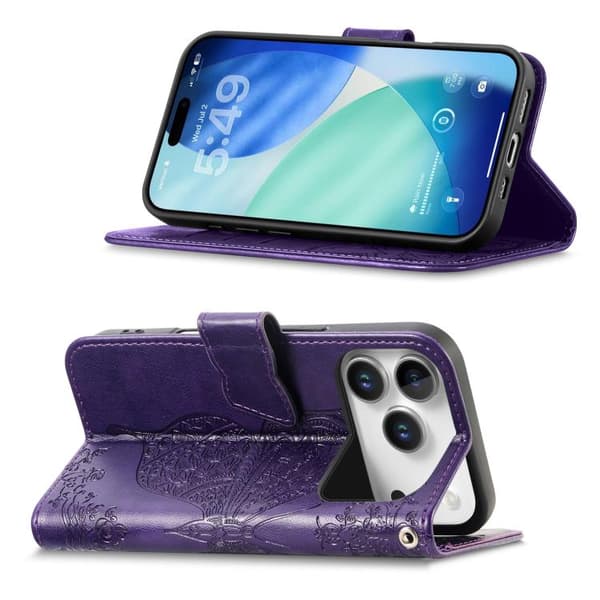 iPhone 18 Pro Max / iPhone 17 Pro Max Skal läderfodral med fjäril och blomma - relief Purpur