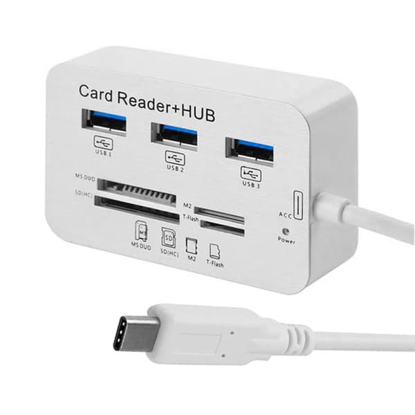 USB 3.1 Typ-C HUB med 3 portar + MS DUO / SD(HC) / M2 / T-Flash Kortläsare med LED Indikering (Silver)