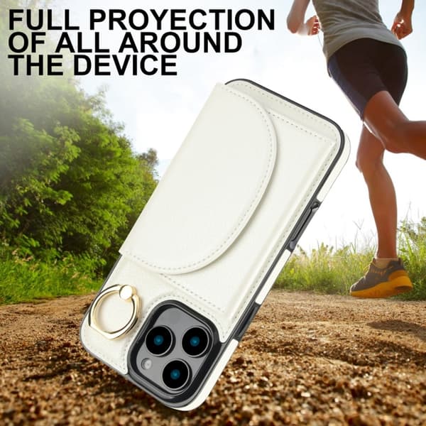 iPhone 16 Pro Max YM007 Ringhållare Kortväska Skinnkänsla Skal Vit