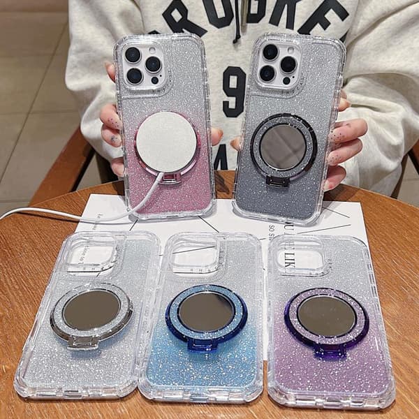 iPhone 16 Pro Max Glitter MagSafe Skal med Spegelhållare Rosa