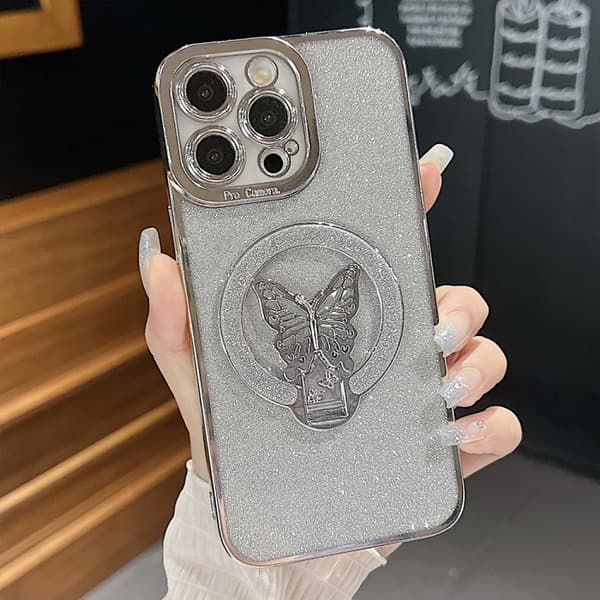 iPhone 16 Pro Max Pläterad Glittrande Fjäril Skal Silver