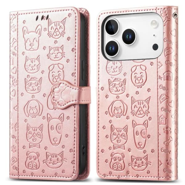 iPhone 18 Pro Max / iPhone 17 Pro Max Skal läderfodral med präglade katter och hundar Roséguld