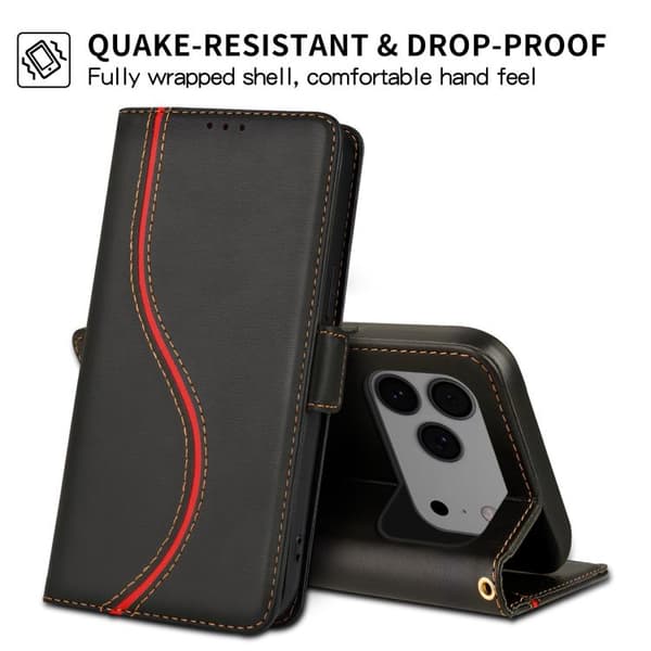 iPhone 18 Pro / iPhone 17 Pro Skal läderfodral med sidobuckle S-kurva Svart