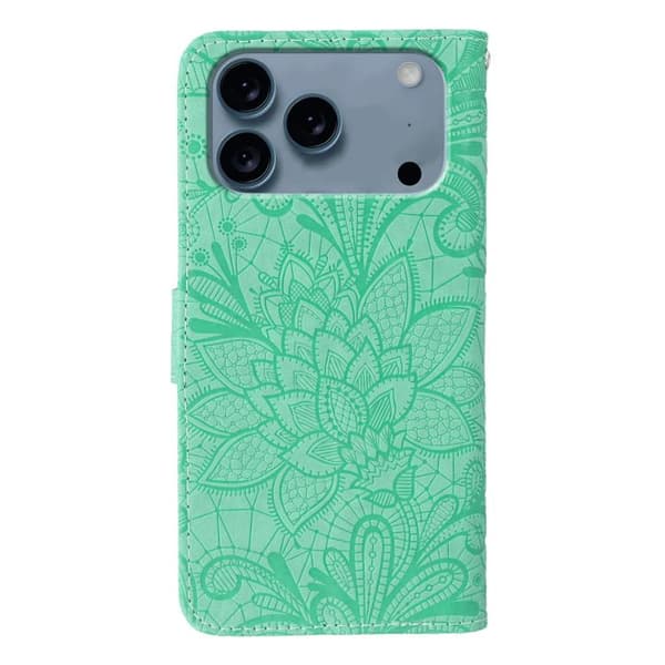 iPhone 18 Pro Max / iPhone 17 Pro Max Skal läderfodral med spetsblommor och präglad design Grön