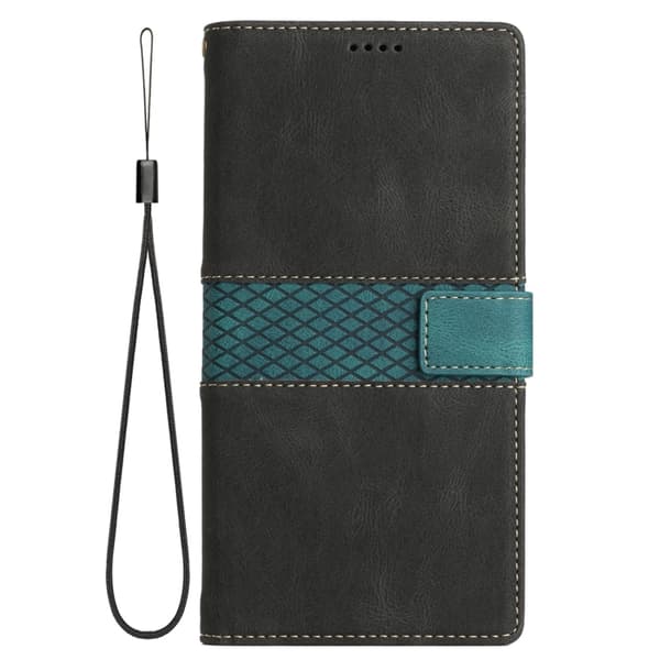 iPhone 16 Pro Skal Läder med Lanyard - Grid Stitching Design Svart
