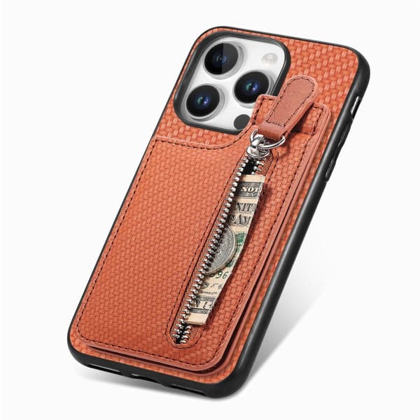 iPhone 16 Pro Kolfiber Vertikal Flip Zipper Skal Brun