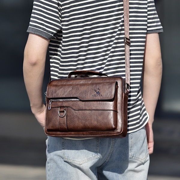 WEIXIER Herr Axelväska Retro Läder Laptop Business Casual Väska Horisontell mörkbrun