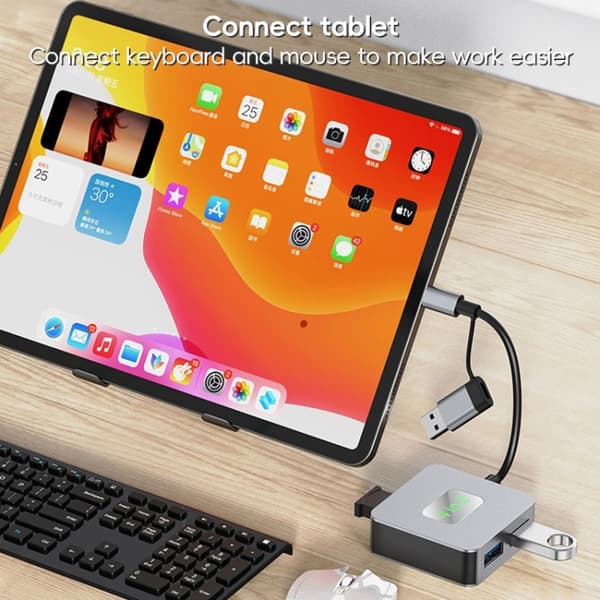 BYL-2320 4-i-2 USB + USB-C / Typ-C till USB 3.2 4-portars hub-adapter (Grå)