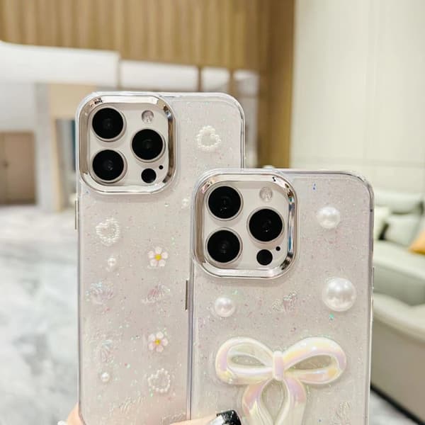 iPhone 16 Pro 3D Båge Pärla Kärlek Blomma Skal Pärlbåge