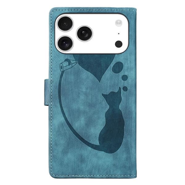 iPhone 18 Pro Max / iPhone 17 Pro Max Skal läderfodral med präglad katt och hjärta Blå
