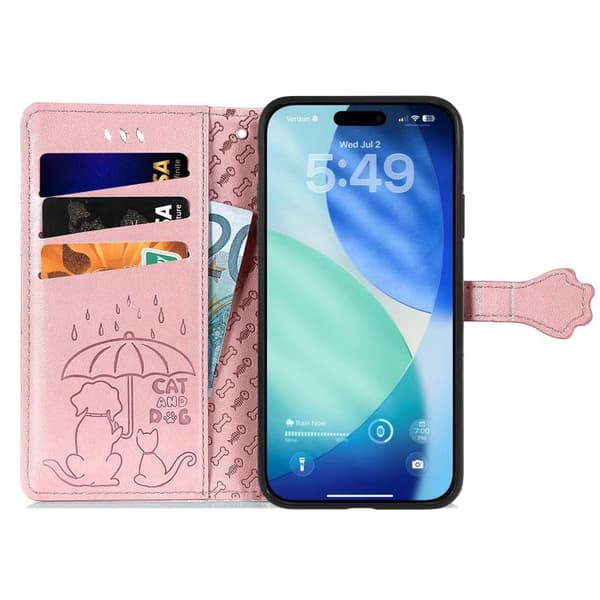 iPhone 18 Pro Max / iPhone 17 Pro Max Skal läderfodral med präglade katter och hundar Roséguld