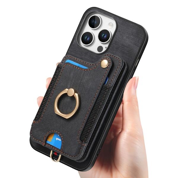iPhone 16 Pro Max Retro Skinnkänsla Ring Multi-kort Plånboks Skal Svart