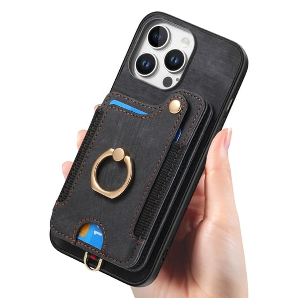 iPhone 16 Pro Retro Skinnkänsla Ring Multi-kort Plånboks Skal Svart