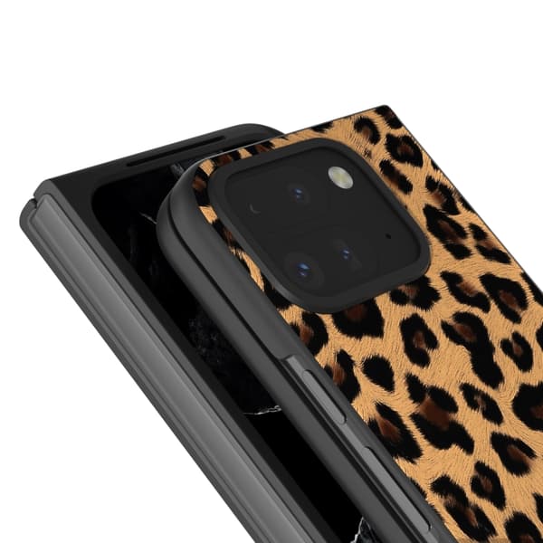 för Pixel 9 Pro Fold - Leopard Mönster Full Coverage Skal med Svart Ram Gyllene leoparden