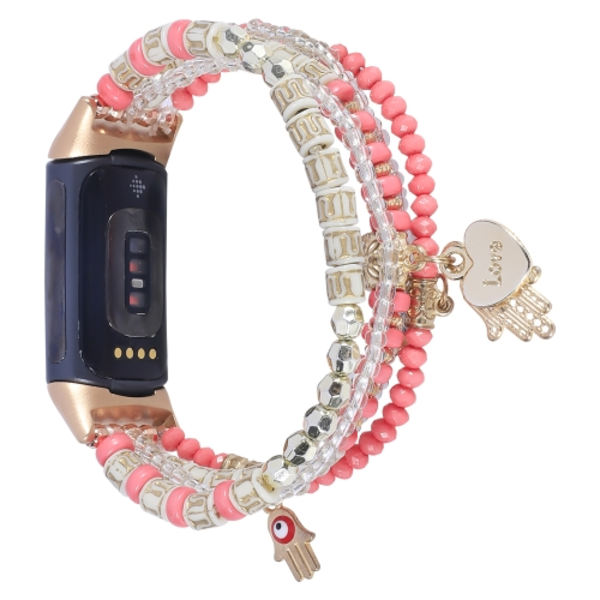 För Fitbit Charge 5 Palm Bead Chain Watch Band Rose Red