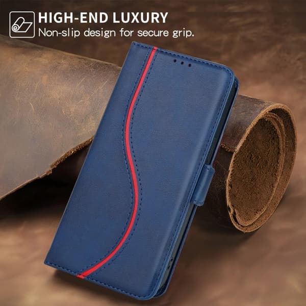 iPhone 18 Pro Max / iPhone 17 Pro Max Skal läderfodral med sidobuckle S-kurva Blå