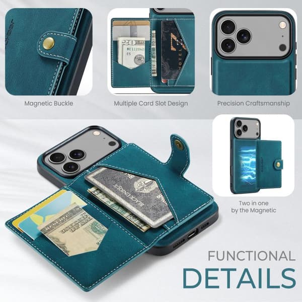 iPhone 18 Pro / iPhone 17 Pro Skal JEEHOOD Retro Magnetisk Avtagbar Plånboksfodral Blå