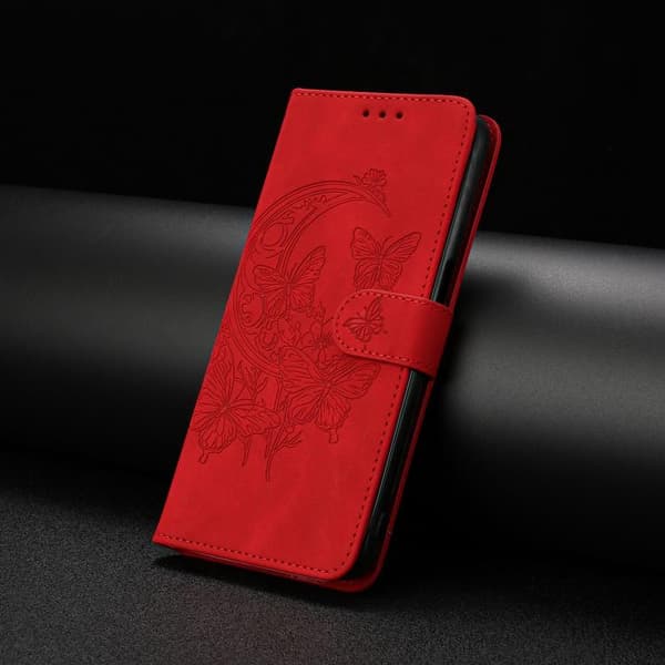 iPhone 18 Pro Max / iPhone 17 Pro Max Skal läderfodral med månbelyst fjärilsdansmönster Röd