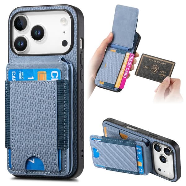 iPhone 18 Pro / iPhone 17 Pro Skal - Kolfiber med Vertikal Flip och Ställfunktion Blå
