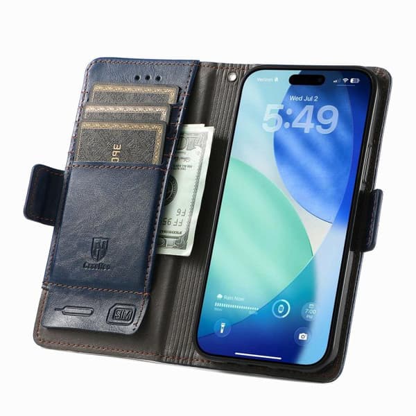 iPhone 17 Skal läderfodral med Neo Splicing Dubbel Magnetisk Spänne Blå