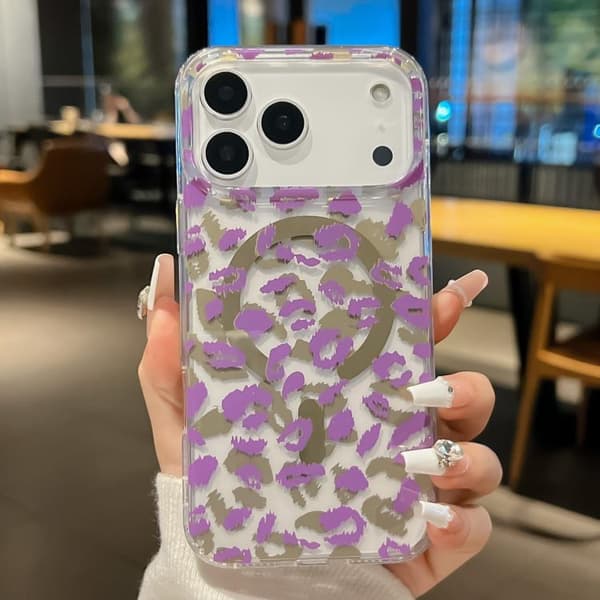 iPhone 18 Pro Max / iPhone 17 Pro Max Skal med Leopard MagSafe och Dubbel-sidig Laminering IMD Purpur