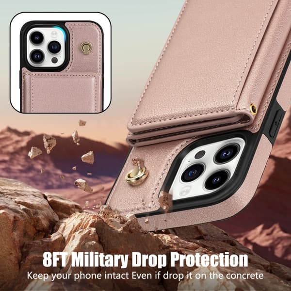 iPhone 16 Pro Max Tre Faldig Kortväska Skal med Lång Lanyard Roséguld