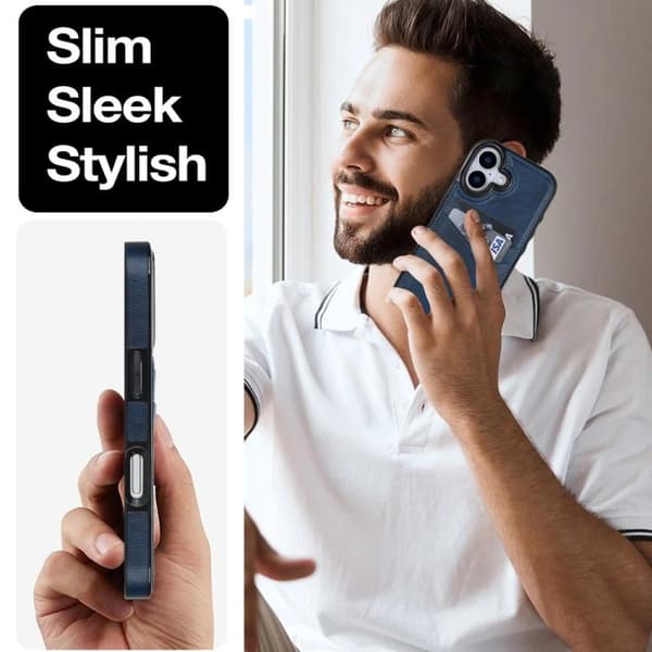 iPhone 17 Litchi Läder Skal med Kortfack Blå