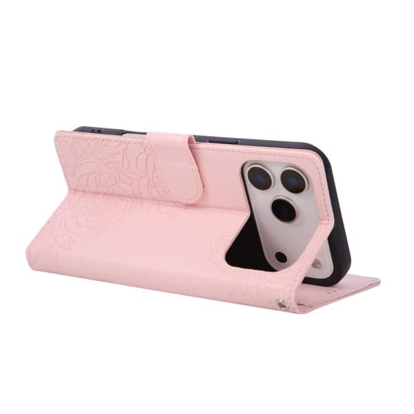 iPhone 18 Pro Max / iPhone 17 Pro Max Skal läderfodral med rosblomma och 3 kortfack Rosa