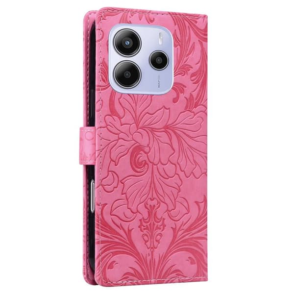 Redmi Note 14 5G - Prägad Blommönster Läderfodral Rosröd