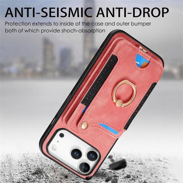 iPhone 18 Pro / iPhone 17 Pro Retro Skinnkänsla Ring Multi-kort Plånboks Skal Rosa