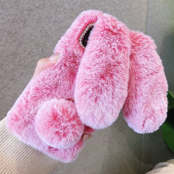iPhone 16 Pro 3D Söt Långörad Kanin Plush Full Coverage Skal Grå