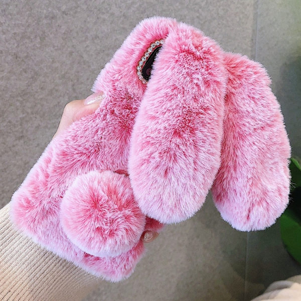 iPhone 16 Pro Max 3D Söt Långörad Kanin Plush Full Coverage Skal Grå