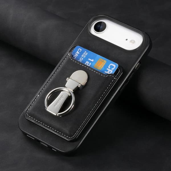 iPhone 17 Air Skal med Retro Fällbart Ringhållare och Kortfack MagSafe Svart