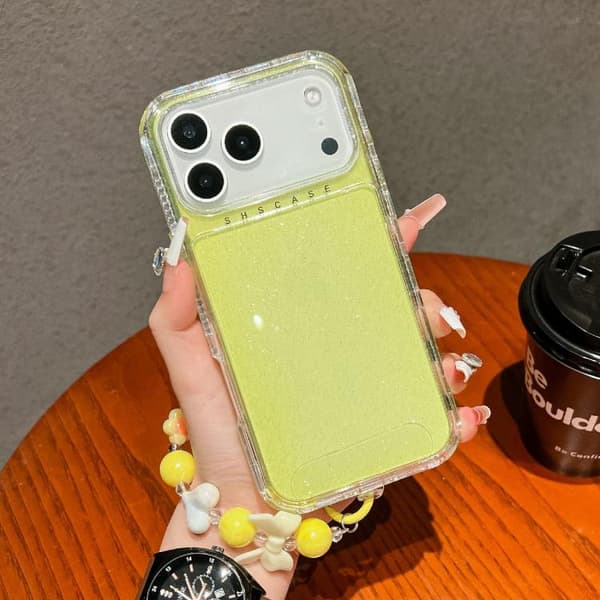 iPhone 18 Pro Max / iPhone 17 Pro Max Skal - TPU + PC med Glittrande Paljetter och Armband - Fullt Skydd Gul