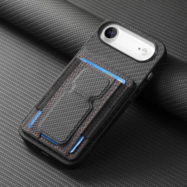 iPhone 17 Air Skal - kolfiber med vikbar ställning och elastisk kortficka Svart