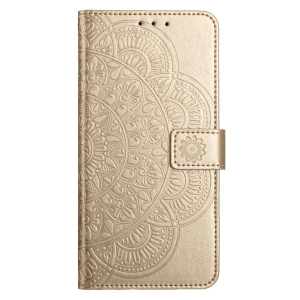 iPhone 17 Pro Max Skal Läderfodral med Blomsterprägling Guld