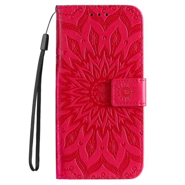 iPhone 16 Pro Max Skal med Präglad Solrosmönster - Elegant Läderfodral Röd