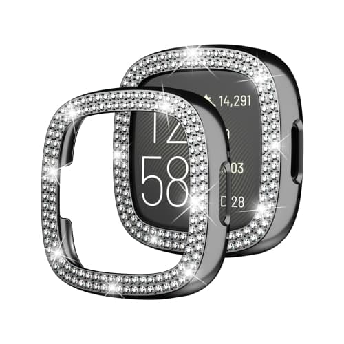För Fitbit Versa 4 Double-Row Diamond enfärgad galvanisering case watch Black