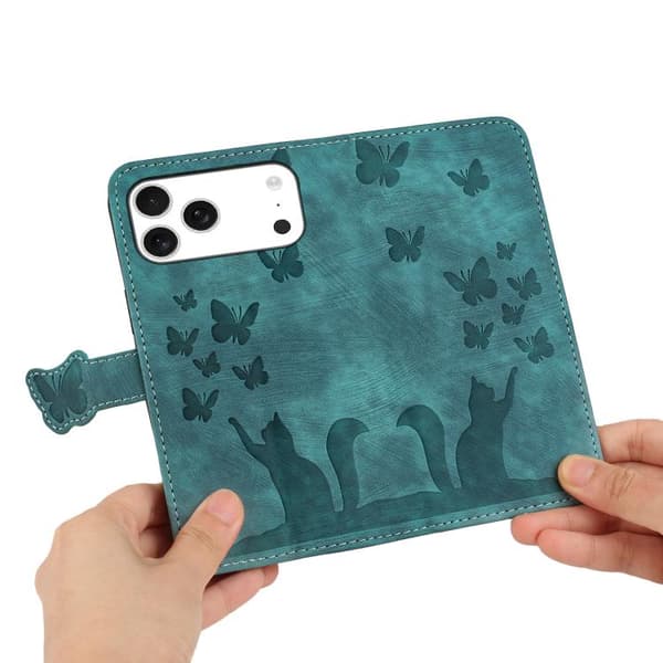 iPhone 18 Pro / iPhone 17 Pro Skal läderfodral med fjäril och kattprägling Wathet