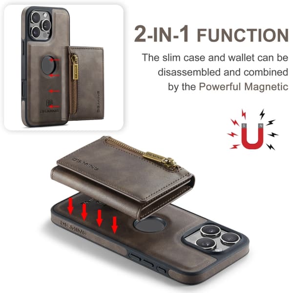 iPhone 16 Pro Max DG.MING M5 Series Zip RFID Multi Card Avtagbart Läder Fodral Skal Kaffe