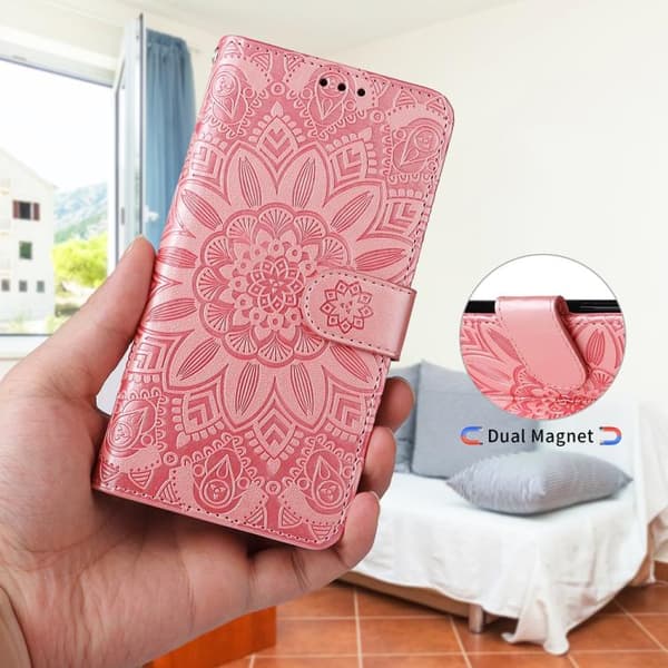 iPhone 18 Pro Max / iPhone 17 Pro Max Skal läderfodral med präglad solros Rosa