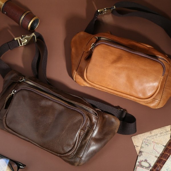 6364 Herr Casual Messenger Bröstväska Retro Läder Multifunktionell Midjeväska Brun