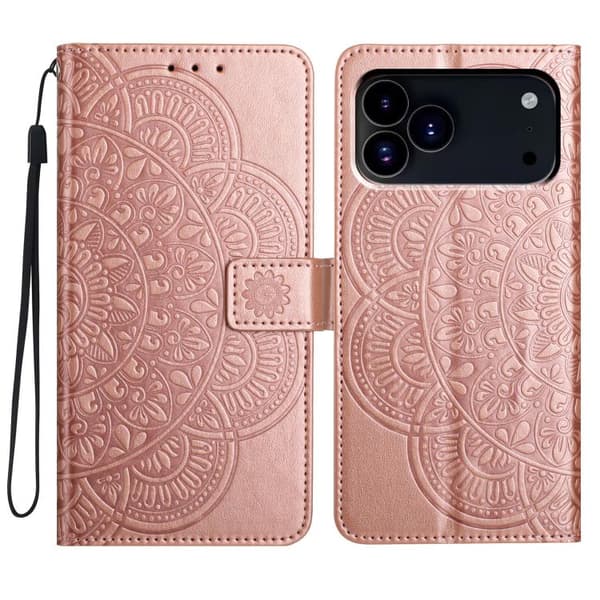iPhone 18 Pro Max / iPhone 17 Pro Max Skal Läderfodral med Blomsterprägling Roséguld