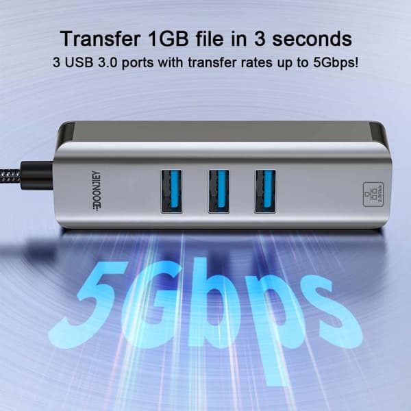 USB-C / Typ-C Elbow till RJ45 och 3 x USB-A Aluminiumlegering Hub Adapter Expander (Grå)