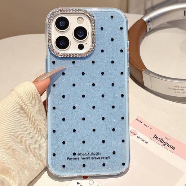 iPhone 16 Pro Max Glittrande Puderprickar Mönster Rhinestone Stort Hål Skal Blå