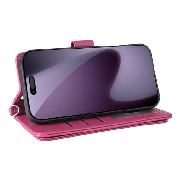 iPhone 18 Pro Max / iPhone 17 Pro Max Skal Läderfodral med Multifunktionella 6-Kortsplatser och Handledsrem Rosröd